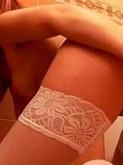 Gal dildo fucks in lingerie stockings